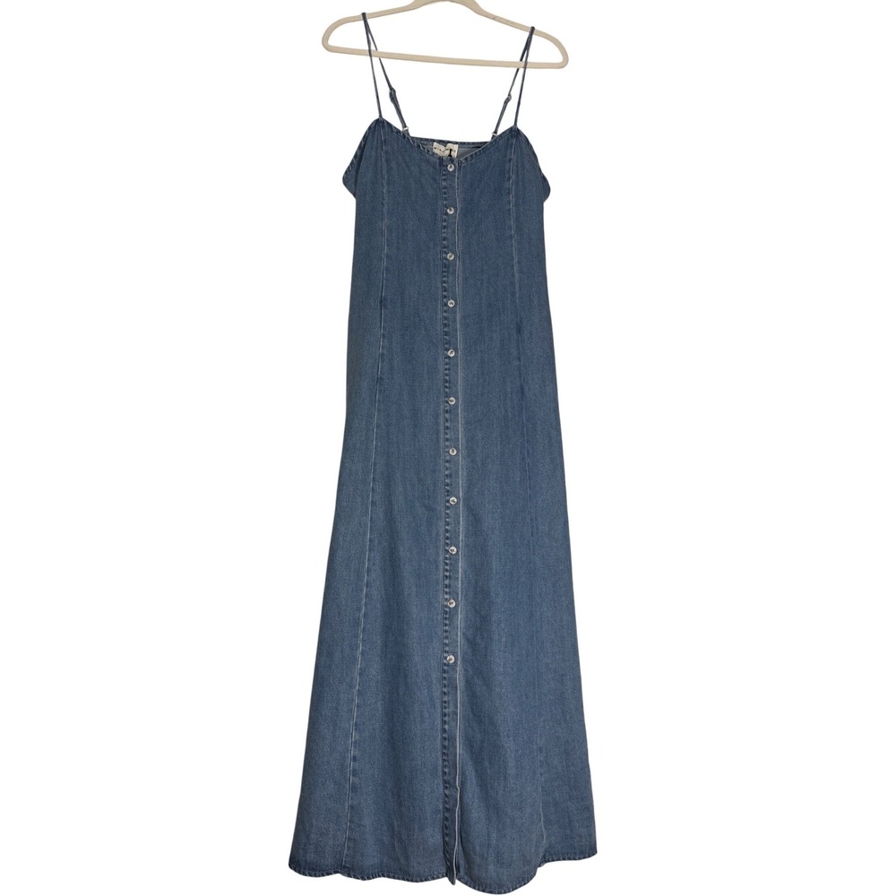 Miou Muse Button Front Denim Maxi Dress Blue Tencel Blend Size Large NWT